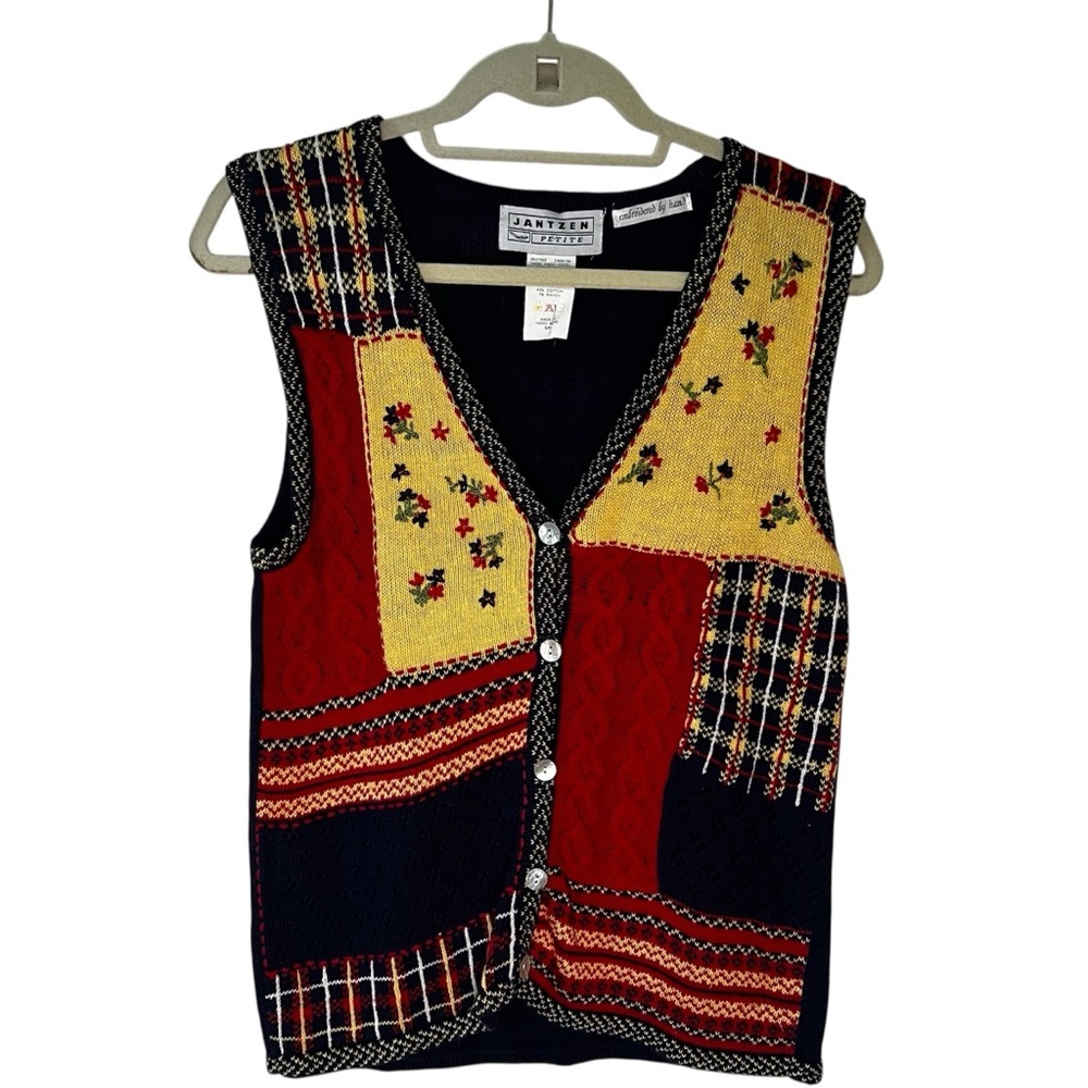 Vintage Hand Embroidered Patchwork Knit Sweater Vest Colorblock Cottagecore S/P - Picture 4 of 16